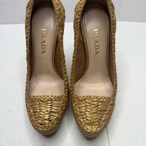 Prada Raffia Woven Leather Madras Platform Heels Basket Weave 36.5 UK/6.5 US